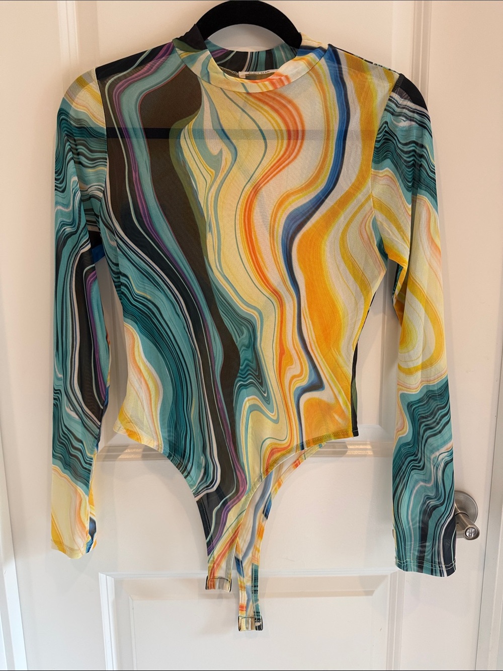 Multicolor Swirl Long-Sleeve Mesh Bodysuit - Yellow & Teal